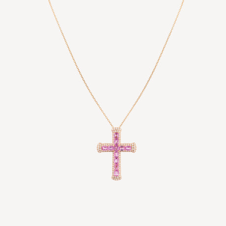 Collier Croix Saphirs Roses & Diamants en or rose serti de diamants et saphirs – Maison Paillard