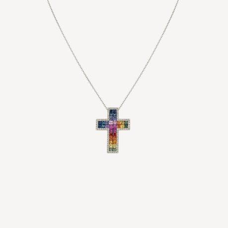 Collier Croix Double Rainbow en or rose serti de diamants – Maison Paillard