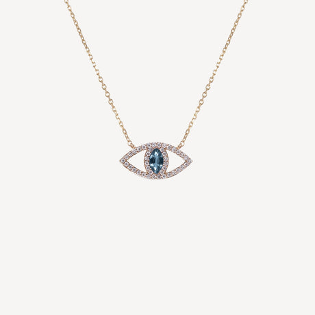 Collier Le Protecteur Topaze Bleue en or rose serti de diamants, émeraudes et topazes, collection Veronika Loubry x Paillard – Maison Paillard