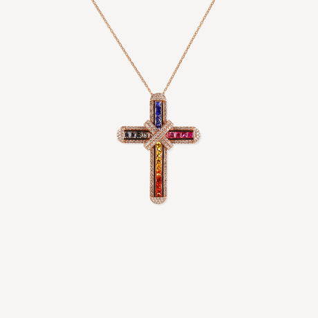 Collier Rainbow Cross en or rose serti de diamants – Maison Paillard